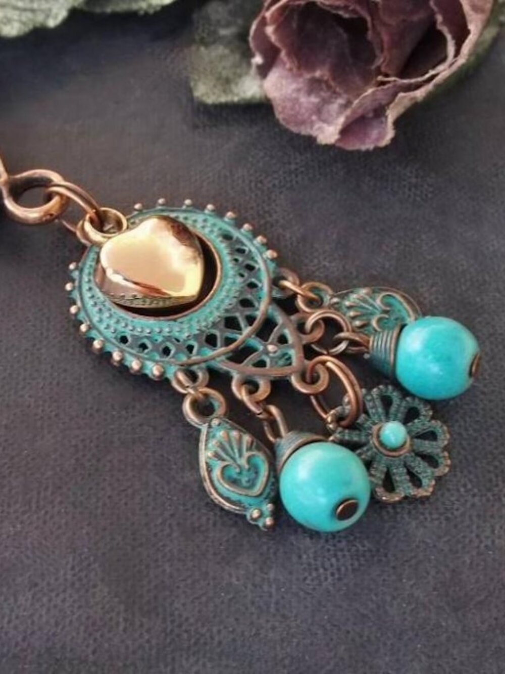 Verdigris Copper Turquoise Boho Keychain Locket Rose Gold Heart Bag Charm